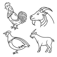 Farm animals collection featuring a rooster chicken and two goats in simple line art style