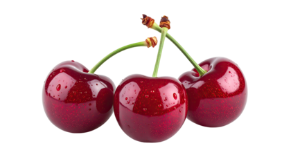 Three ripe cherries clustered together