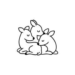 Three cartoon deer huddled together in a black line drawing