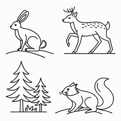 Collection of outline illustrations of forest animals including a rabbit deer and squirrel with pine trees