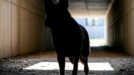 A German shepherd dog standing in a dark concrete tunnel with light at the end. Pet animal walking in urban underpass footage.