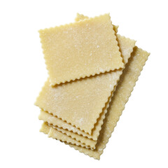 Fototapeta premium Six delicate, uncooked, artisanal pasta sheets, creamy white, semolina dusted, stacked neatly on a neutral gray background with diffused light, concept of culinary craftsmanship