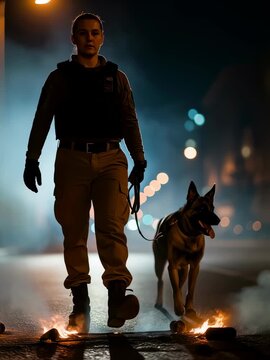 Woman with working dog walking on a smoky street with fires at night. Public safety and security concept. Police patrol footage.