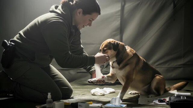 Caucasian woman, a medic, applies bandage to a dog paw in a tent. Dog first aid and animal care concept footage.