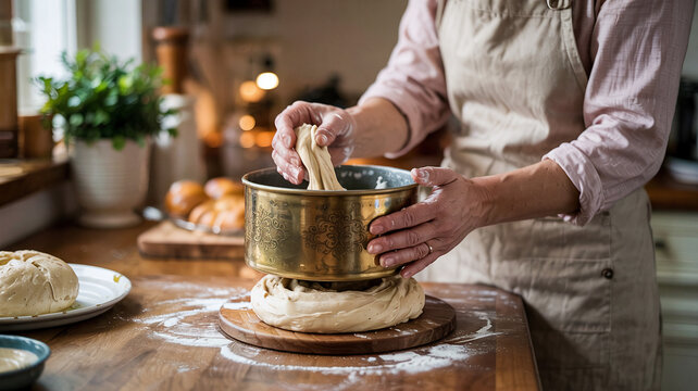 Jessica greases the pan before gently placing the dogh inside to proof