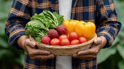 Basket of fresh vegetables with lettuce radish tomato and yellow pepper held by hands conveying farm to table harvest and wholesome homegrown goodness