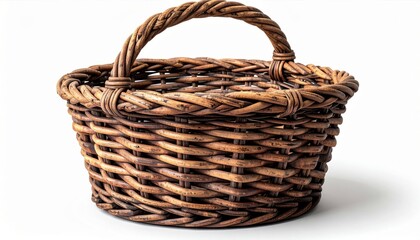 Obraz premium Woven Wicker Basket with Handle in Warm Brown Tones on White Background