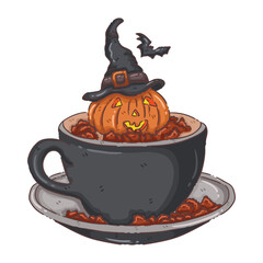 Whimsical Halloween Pumpkin with Witch Hat and Bat Coffee Cup