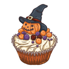 Whimsical Halloween Pumpkin with Witch Hat and Candy Corn