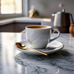 Morning Coffee Break: A Cup of Espresso on Marble with Golden Spoon in a Bright Kitchen Setting