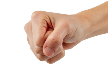 A hand is clenched into a fist, with the thumb