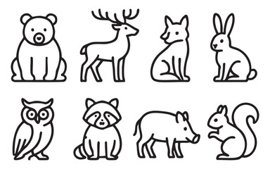 Obraz premium black and white linear icons (silhouettes) in a minimalist style, related to the theme of forest and wild animals 