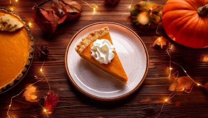 Warm Thanksgiving Feast: A Slice of Homemade Pumpkin Pie Delight with Autumnal Accents