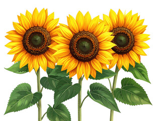 Fototapeta premium Three vibrant sunflowers against a black background. Detailed illustration of blossoms and leaves. Warm yellow petals and dark centers. Strong stems and foliage
