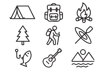 black and white silhouettes (outlines) of camping and outdoor activity elements in line art style	