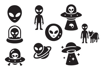 a collection of 9 black and white line icons (silhouettes) that are thematically related to aliens, UFOs, and science fiction. © Valeriia