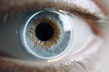 digital identity scan visualization with macro iris and luminous spiral hud, algorithmic portrait of biometric data layered eye, futuristic design, concept of cybersecurity,