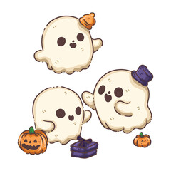 Group of Cute Halloween Ghosts and a Jack-o'-Lantern