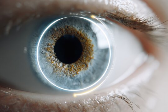 digital identity scan visualization with macro iris and luminous spiral hud, algorithmic portrait of biometric data layered eye, futuristic design, concept of cybersecurity,