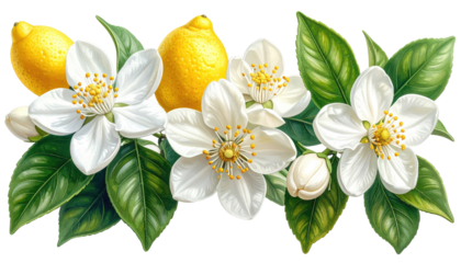 Lemon blossoms and fruit, detailed illustration