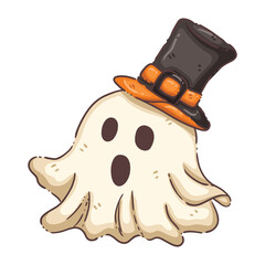 Scared Ghost Character with Top Hat and Pumpkin