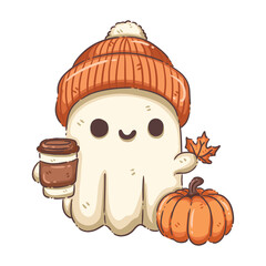 Cute Ghost with Beanie Hat Holding Coffee and Pumpkin
