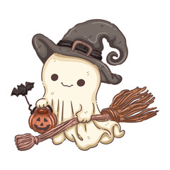 Cute Flying Ghost Character with Witch Hat, Pumpkin, and Broomstick