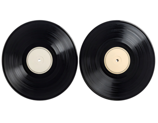 Two vinyl records, side by side, with a cream-colored label visible on each