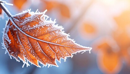 Frosted Orange Leaf Shimmers in Winter Sunlight with Delicate Ice Crystals and Soft Blue Background