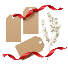 Three kraft paper gift tags with red ribbons and dried white eucalyptus sprig, on a transparent background, overhead studio shot for elegant packaging concept