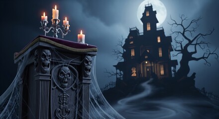 Fototapeta premium Spooky Graveyard Tombstone with Skull Details and Haunted Mansion in Moonlight