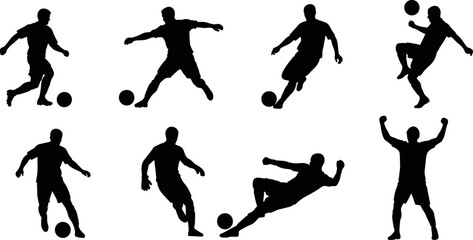 Set of eight diverse soccer player silhouettes in various dynamic poses, capturing the essence of the sport's movement and action for graphic design