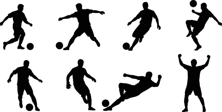 Set of eight diverse soccer player silhouettes in various dynamic poses, capturing the essence of the sport's movement and action for graphic design