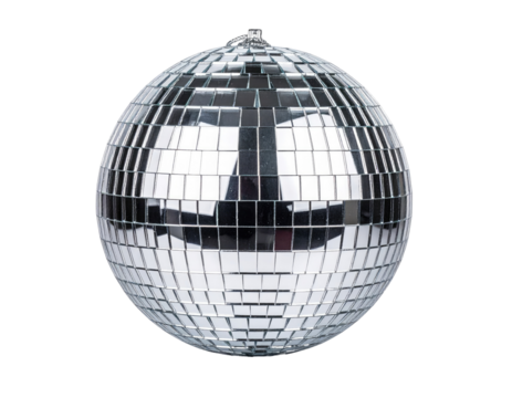 A mirrored disco ball, perfectly round and reflecting light