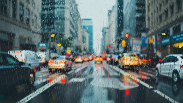 raining city street scene