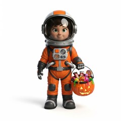 Child in Orange Astronaut Costume Holding Jack O Lantern Filled with Candy on White Background