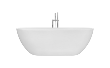 Front view Empty Modern white ceramic bathtub with luxurious chrome faucet fixtures isolated