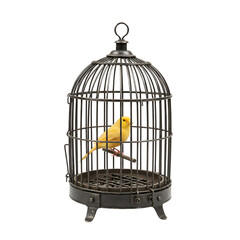 Yellow canary bird sitting in an antique cage isolated PNG with Transparent Background