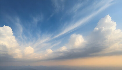 Wide sky with delicate clouds and pastel sunrise hues, gentle light over the horizon, inspiring scene. Nature, travel, wellness, and relaxation theme, suitable for calm and airy projects, backgrounds