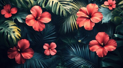 Red hibiscus flowers and tropical leaves on dark background.