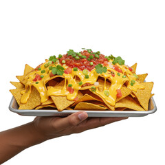 Hand holding a tray of loaded nachos with cheese and salsa isolated PNG with Transparent Background