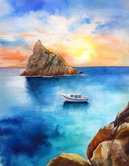 Watercolor seaside cliffs, turquoise blue water, white yacht at sunset. Travel, marine, summer