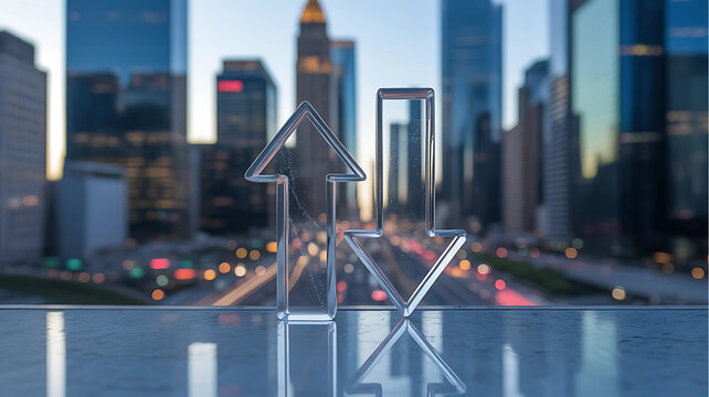 Stock Market Red and Green Arrows Over Blurred City Skyline