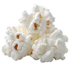 Freshly popped white corn kernels forming a fluffy cluster, a classic savory cinema treat and popular snack food isolated on a white background