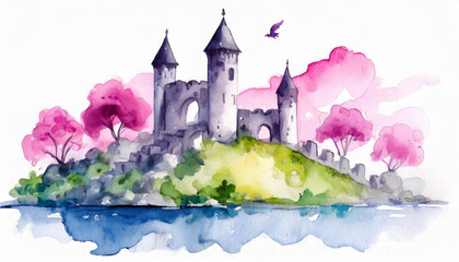 Enchanting watercolor fairy tale castle surrounded by blooming pink trees, blue water, magical