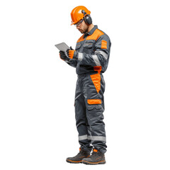 A man in a safety suit is wearing a hard hat and holding a tablet