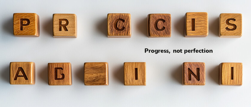 Wooden blocks spell out Progress, not perfection