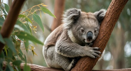 Fototapeta premium Charming koala peacefully resting on a eucalyptus tree branch, capturing the serene essence of Australian wildlife and natural habitats with soft, natural light.