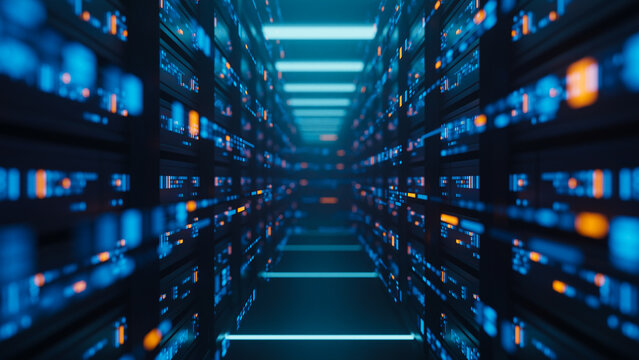 Big data center server racks hardware data network host room storage systems technology. 3d rendering.