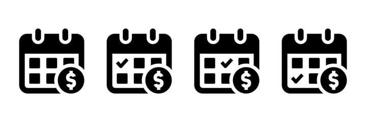 Payment schedule icon with calendar and dollar sign. Ideal for payday, salary date, billing reminder, due date, and financial planning projects. Solid style vector illustration.